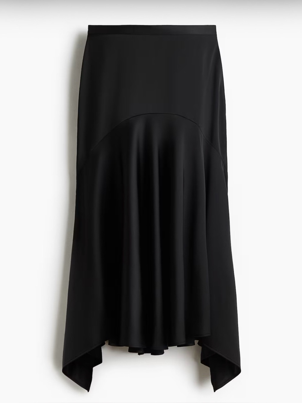 Black Asymmetric Satin Twill  Midi Skirt